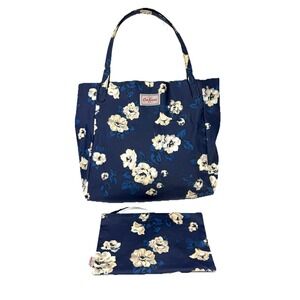 Cath Kidston Original London Tote Bag Blue Floral Waxed Canvas With Pouch